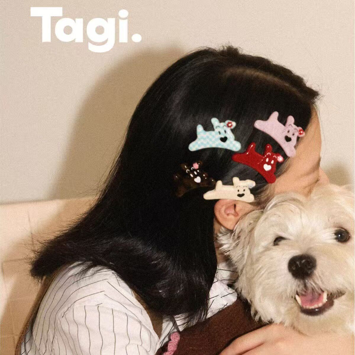 Tagi.《哈哈》haha小狗钻石亚克力无痕刘海边夹可爱发夹