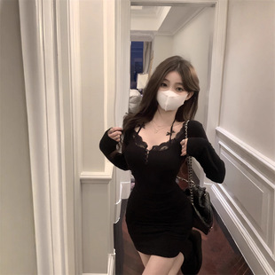 纯欲辣妹蕾丝拼接内搭连衣裙秋冬款女小众设计感气质修身包臀短裙