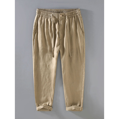 纯亚麻裤子男士夏季宽松百搭长裤麻料薄款透气抽绳直筒休闲裤3042