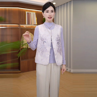 中老年人女装妈妈装新中式国风重工刺绣提花百搭春款女士马甲套装