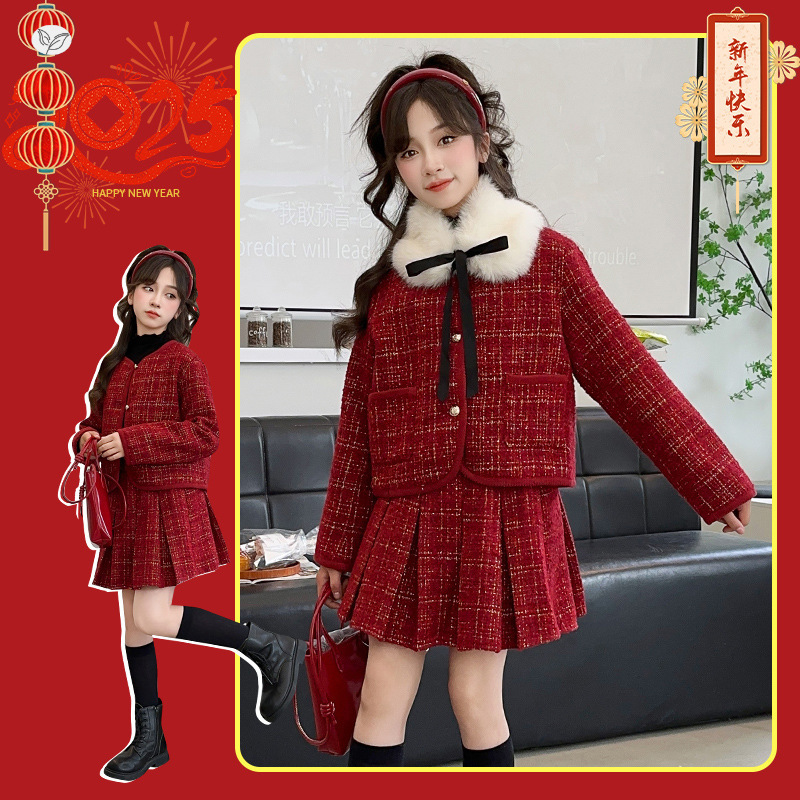 女童2025年冬新款大毛领蝴蝶结小香风加绒套装女大童JK新年红格子，童装休闲套装，祺儿童装