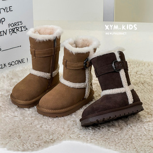 2025冬儿童大棉靴子洋气皮带扣小孩加绒中筒靴子女童雪地靴驼咖色
