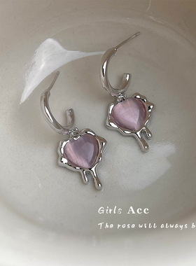 个性甜酷风液态爱心耳环女小众设计冷淡风耳钉时尚玻璃猫眼石耳饰
