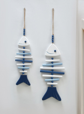 地中海风格木质大小鱼串鱼骨挂件创意渔网挂饰家居墙上装饰品壁饰