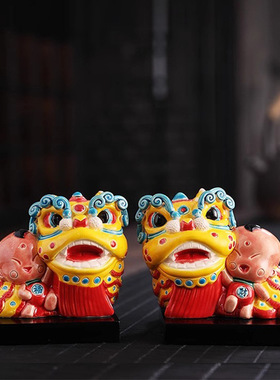 德化醒狮摆件国潮舞狮文创狮头陶瓷工艺品客厅酒柜装饰品家居摆设