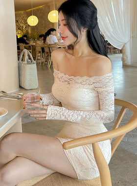 一字肩喇叭袖蕾丝镂空连衣裙女春季修身收腰气质裙子性感包臀短裙