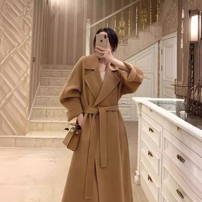 驼色双面羊绒大衣女2024冬装新款韩版中长款小个子系带毛呢大衣女