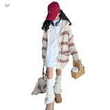 女童秋冬加厚韩版条纹长款连帽针织开衫裙重大童春秋披肩毛衣外套，童装毛衣，祺儿童装