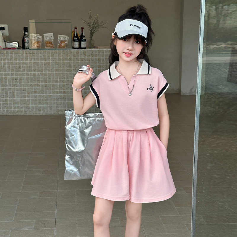 女童夏季polo短袖T恤学院风短裤套装中大童女孩洋气时髦儿童夏装t，童装休闲套装，祺妙童装
