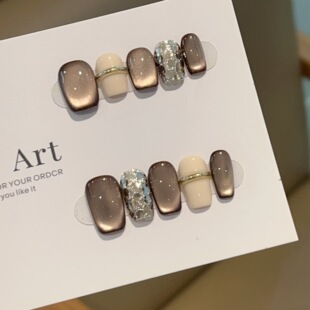 【戒指】秋冬棕色猫眼配色奶油白纯手工穿戴甲H424款带盒子工具包