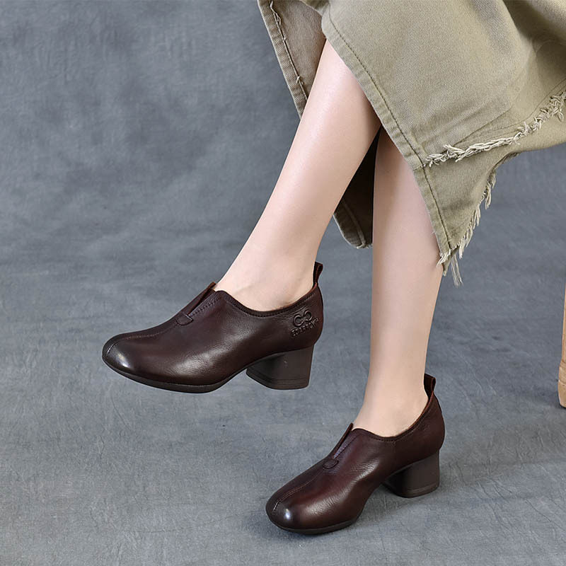 以一春夏新款头层牛皮圆头粗跟深口女单鞋复古中跟职业工作女单鞋,女鞋,时尚休闲鞋,淘宝优惠券,粉丝福利购,淘宝优惠卷