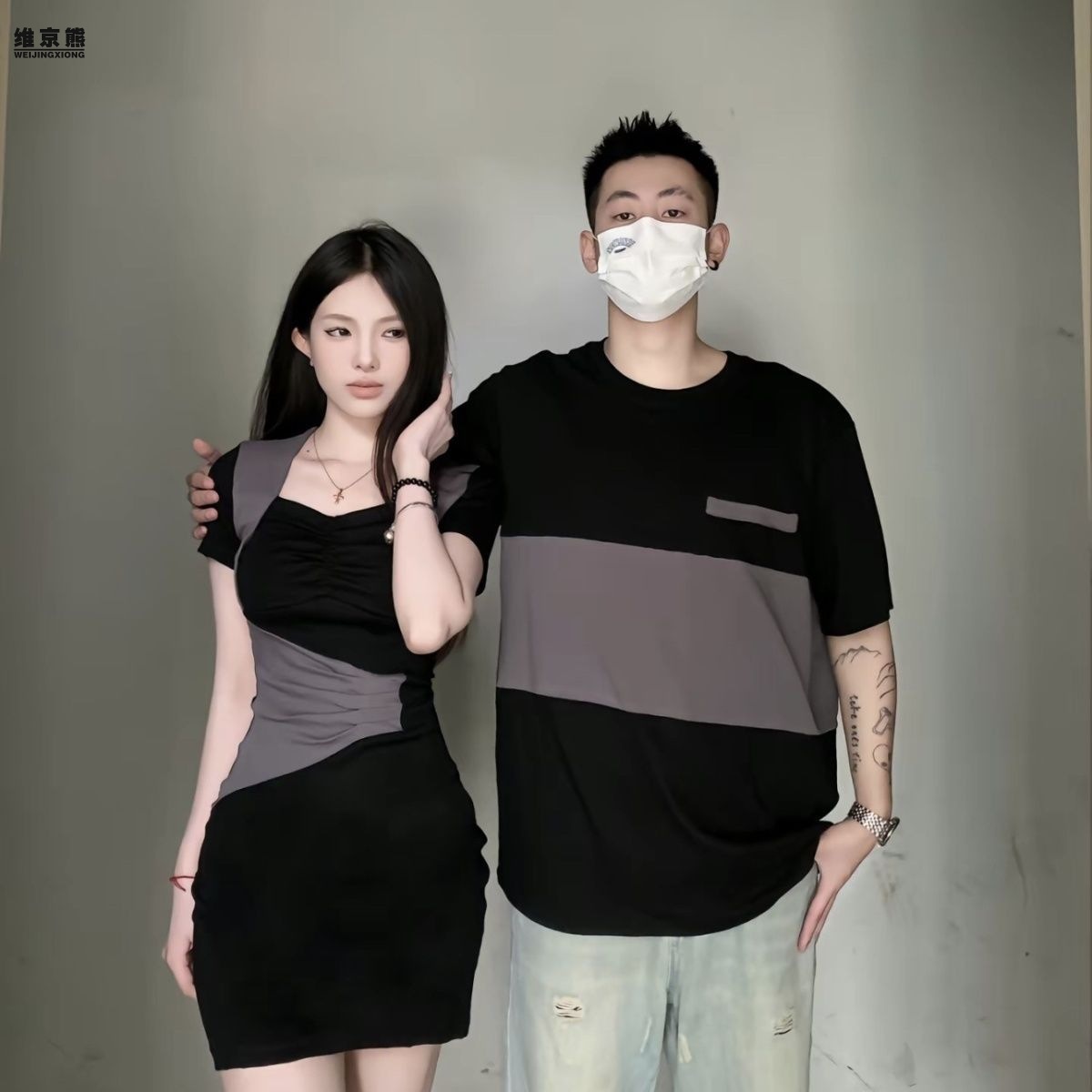 法式情侣装夏装套装气质设计感不一样短袖T恤荷叶边法式连衣裙女