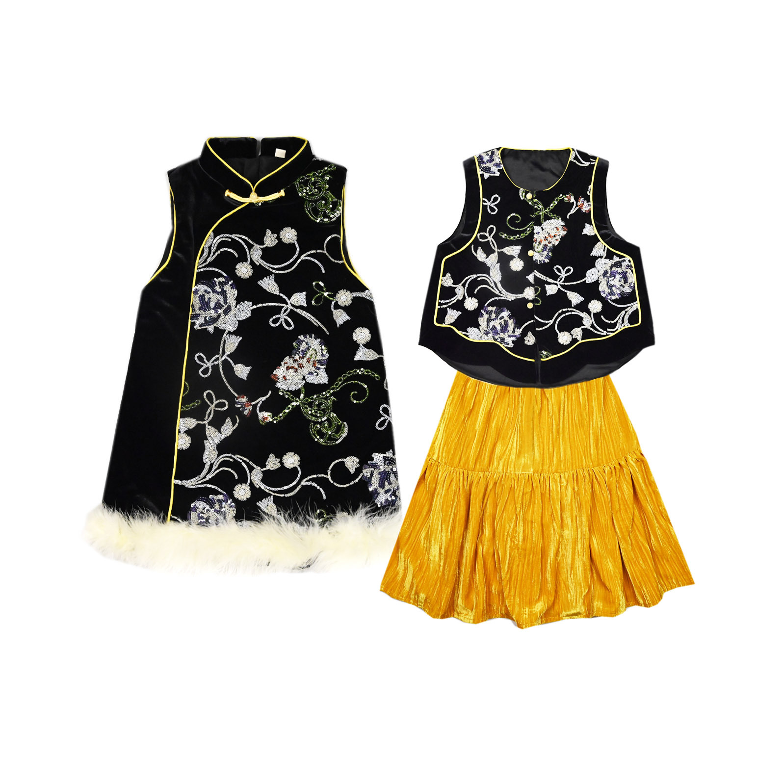 2025秋冬新中式亮片绣花马甲背心女童冬重工国风旗袍裙儿童拜年服