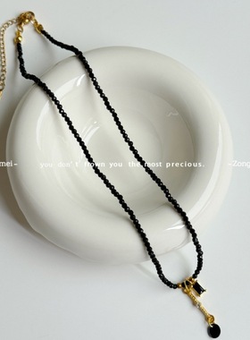 冷淡风低调黑色水晶锆石流苏串珠项链女小众复古时尚颈链锁骨链