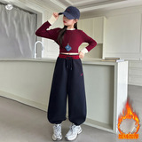 女童加绒卫裤2025年秋冬新款休闲刺绣束脚裤中大童阔腿裤直筒长裤，童装裤子，祺儿童装
