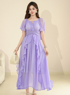 2025夏季新款女法式圆领收腰设计感荷叶边不规则雪纺连衣裙45312