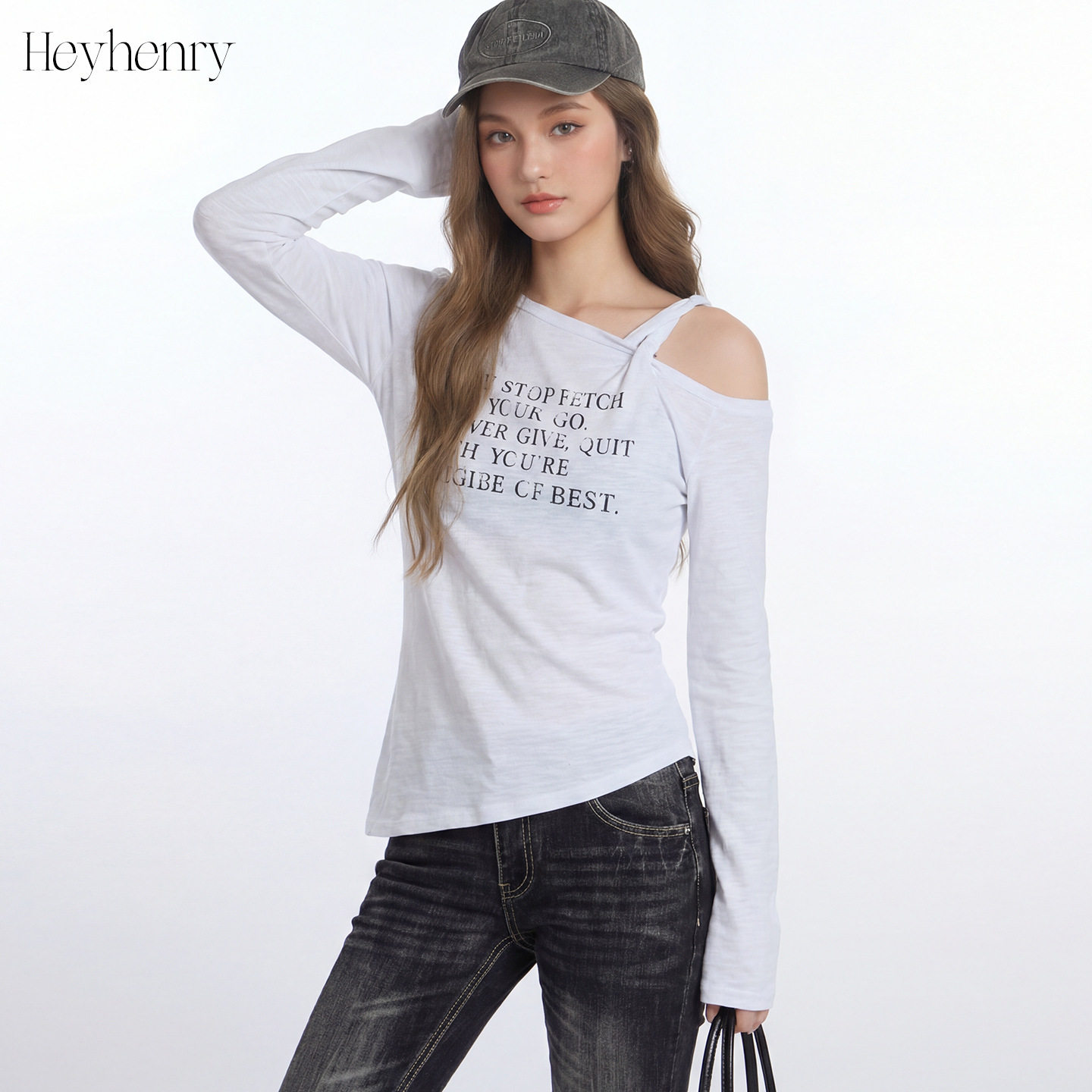 HeyHenry 美式小众斜领收腰长袖T恤女辣妹露肩修身打底短款上衣春