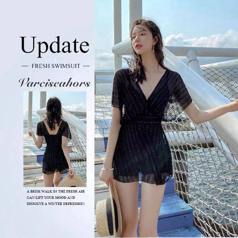 温泉泳衣女2025年新款连体遮肚显瘦保守黑色遮肉时尚蕾丝大码游