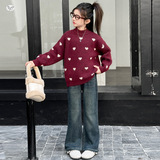 女童2025年秋冬新款时尚小爱心毛衣女大童加厚款保暖针织毛衣开衫，童装毛衣，祺儿童装