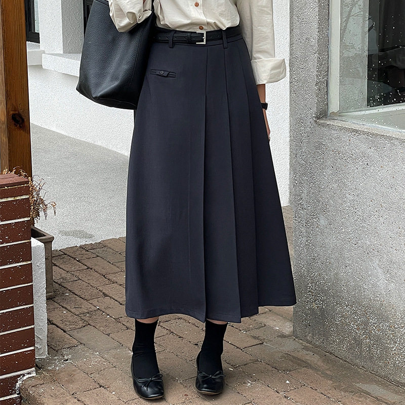 翡格依GN别致裙子女秋百褶裙不对称高腰显瘦半身裙送腰带中长裙