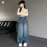 女童2025年冬季新款加绒侧拼接压花牛仔裤女孩修身保暖宽松阔腿裤，童装裤子，祺儿童装