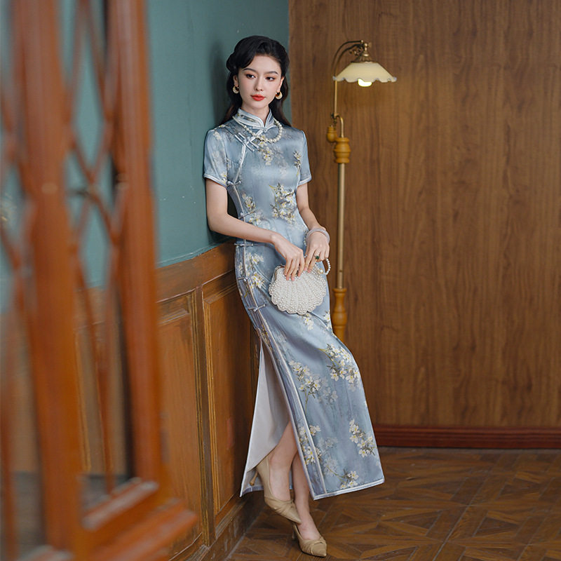 2026桑蚕丝改良旗袍女夏季长款中式复古真丝级感连衣裙蓝色日常