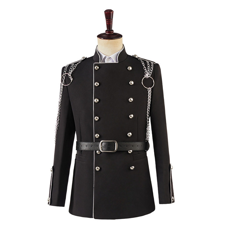 男团歌手宫廷风格演出服黑色欧洲军礼服外套银色链子装饰走秀表演