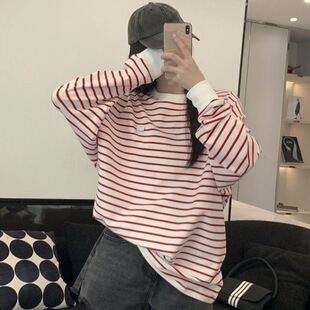 TPPADER春秋季新款 长袖T恤男女慵懒风宽松显瘦百搭圆领条纹上衣