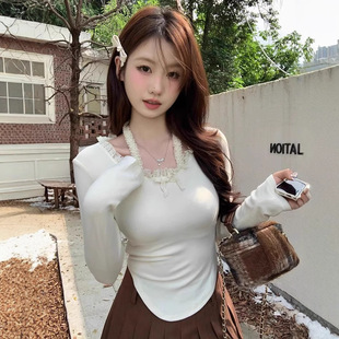 美式 内搭级甜辣妹上衣 设计蕾丝挂脖长袖 T恤女春秋冬德绒打底衫