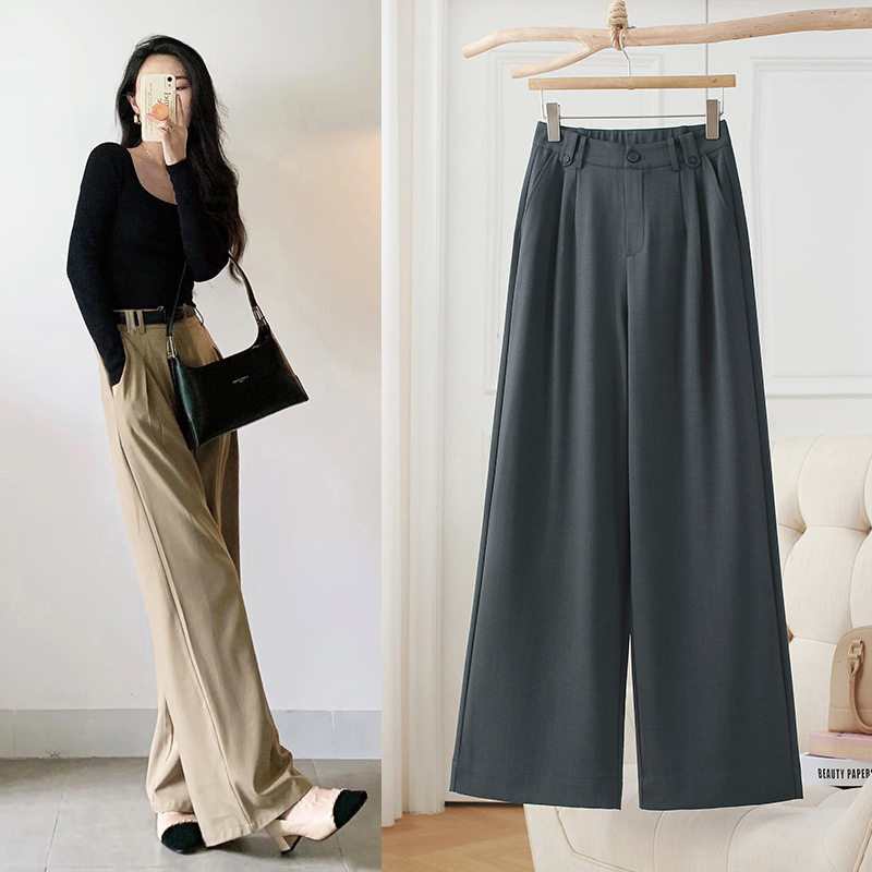 女冰丝阔腿西裤松紧腰夏季薄款垂感显抗皱级灰休闲直筒裤新款2025