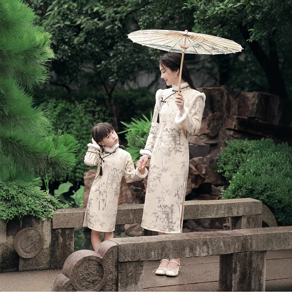 秋冬新款亲子装改良旗袍连衣裙母女童加绒加厚唐装民国风复古裙子
