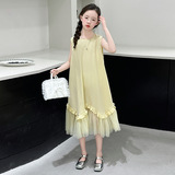 女童拼接网纱花边连衣裙中大童小清新公主裙无袖背心裙2025夏新款，商品下架区，祺儿童装