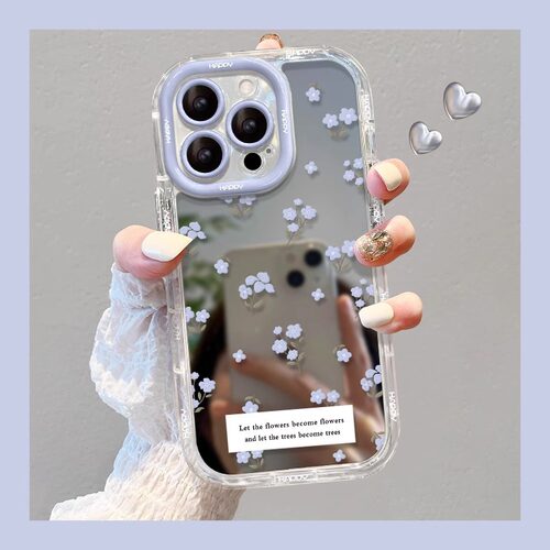 Purple flower butterfly mirror case适用iphone 11 12 13 14 15 16 plus 17 pro max XR XS MAX