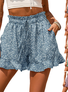 ladies high waist pants women shorts女士沙滩休闲收腰波点短裤