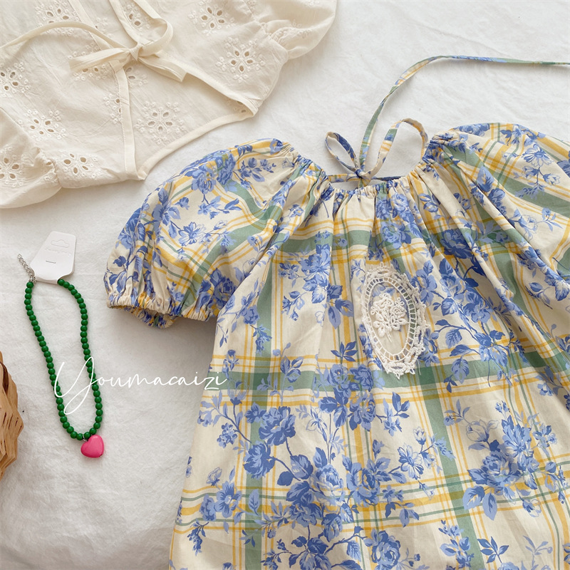 乐晨家2023夏款新品韩版女童碎花蕾丝连衣裙儿童后背绑带短袖裙子