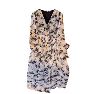 长裙5XL码 7加大码 水墨风长袖 碎花连衣裙A字裙腰带收腰春秋季 女装