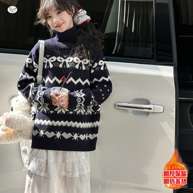 女童加厚领毛衣2025年秋冬新款中大童蝴蝶结针织衫韩系撞色上衣，童装毛衣，祺儿童装