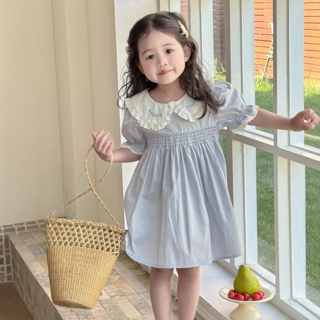小洛特90-140 女童连衣裙夏季女童短袖打揽裙可爱娃娃领刺绣裙