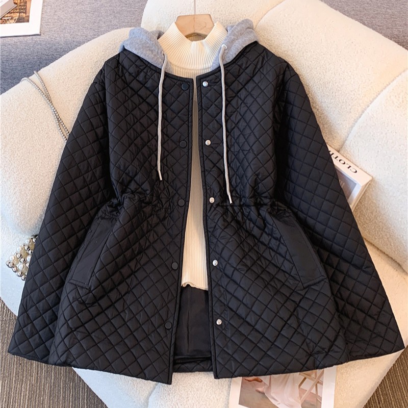 黑色连帽羽绒棉服外套女菱格收腰上衣大码格纹修身棉衣文艺复古风
