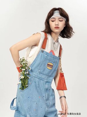 2025夏季新款网红泼墨宽松韩版龄薄款小个子牛仔背带裤连体裤女