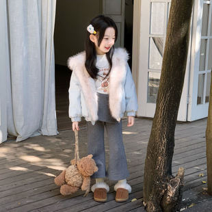 新款 冬季 女童时髦洋气毛毛拼接连帽外套儿童加厚保暖棉服 童装 韩版