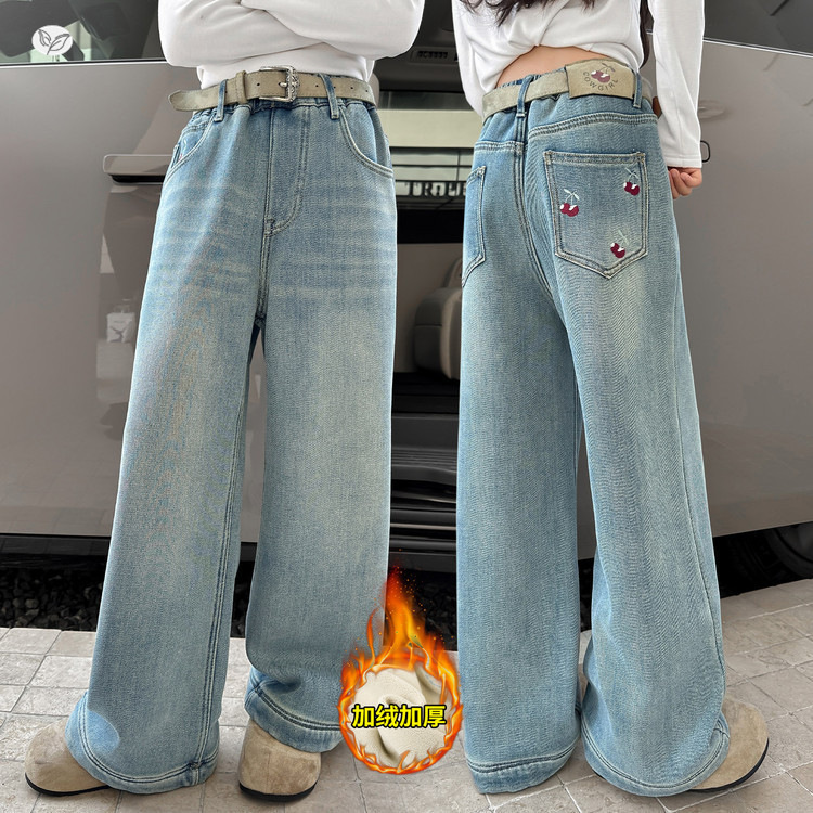 女童加绒牛仔裤2025年秋冬新款中大童后袋刺绣阔腿裤休闲直筒长裤,童装裤子,祺儿童装 女童加绒牛仔裤2025年秋冬新款中大童后袋刺绣阔腿裤休闲直筒长裤,童装裤子,祺儿童装