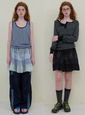 nocontent现H25秋款韩国东大门宽松休闲复古碎花拼接短裙半身裙女