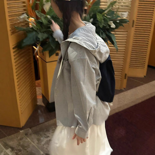 sono现货26夏款韩国东大门宽松休闲纯色百搭连帽条纹衬衫防晒上衣