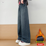 女童加绒牛仔裤2025秋冬新款中大童后袋印花阔腿裤格纹皮标直筒裤，童装裤子，祺儿童装