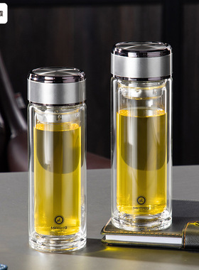 双层茶杯玻璃杯男女士泡茶水杯子个人专用隔热大容量高档透明茶杯