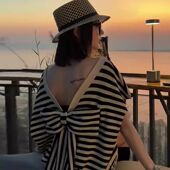 夏装 2025年新款 宽松两件套女 潮流简约露背蝴蝶结条纹休闲套装 法式