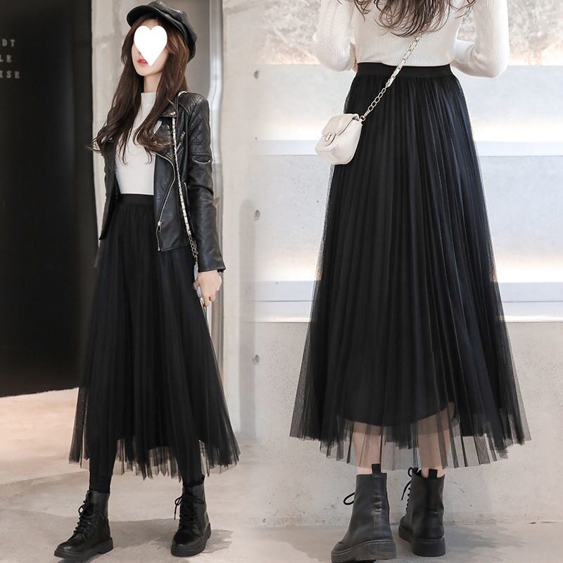 网纱裙半身裙2022春季新款韩版腰显瘦简约a字裙仙女大摆百褶裙