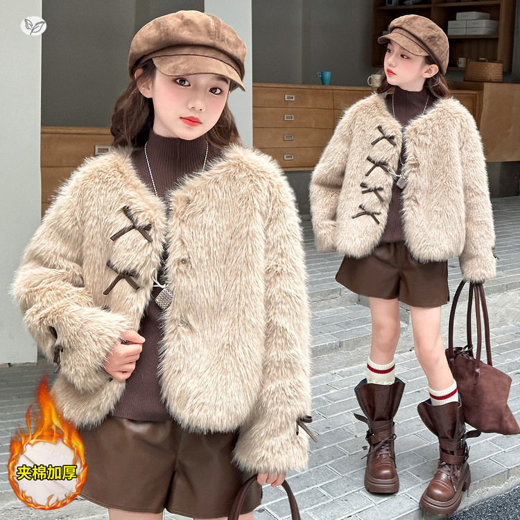 女童夹棉皮草外套2025年秋冬新款中大童韩范蝴蝶结毛毛衣短款开衫，童装外套，祺儿童装