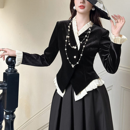 秋冬法式丝绒上衣女收腰显瘦撞色拼接名媛风复古修身外套35239